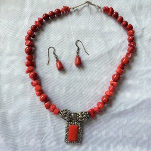 JEWELRY - 9" Apple red coral bead necklace earrings set silver pendant, western